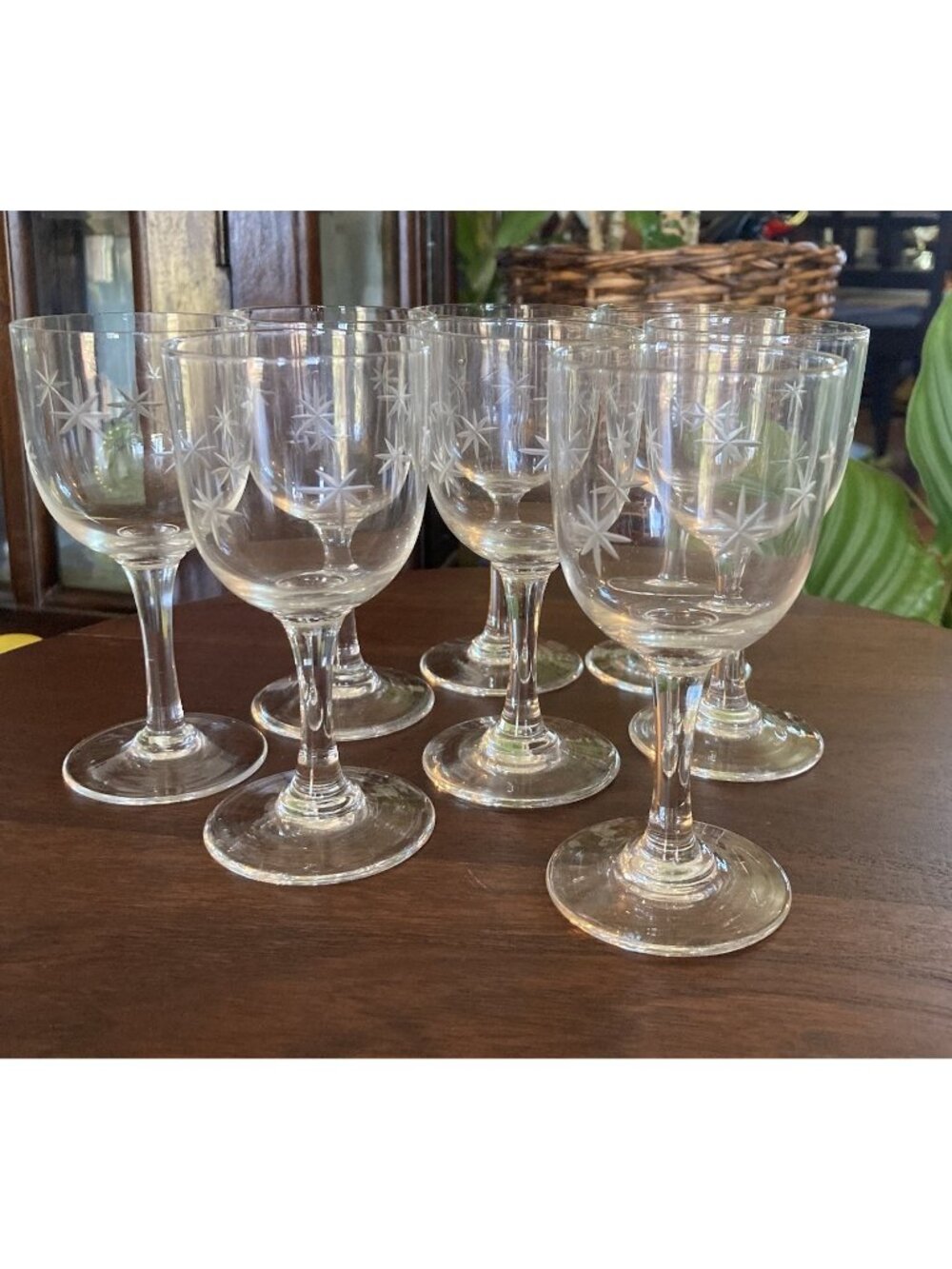 Vintage 8 50s MCM Atomic Starburst 5.5H” Footed Aperitif Cordial Etched Glass
